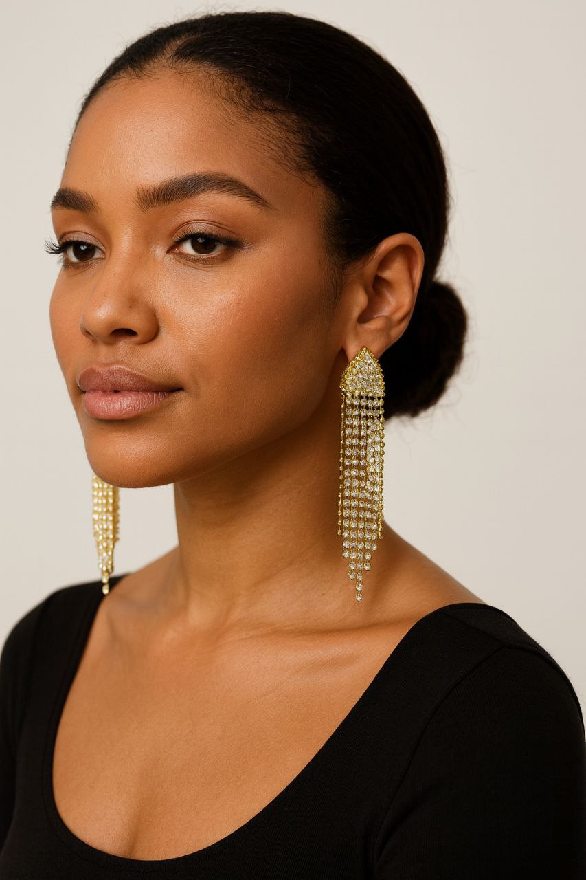 Gold Crystal Fringe Statement Earrings – Long Rhinestone Tassel Luxury Earrings