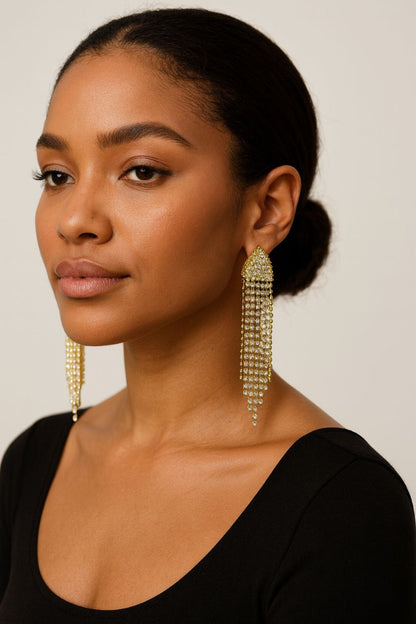 Gold Crystal Fringe Statement Earrings – Long Rhinestone Tassel Luxury Earrings