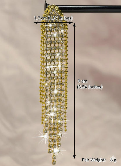 Gold Crystal Fringe Statement Earrings – Long Rhinestone Tassel Luxury Earrings