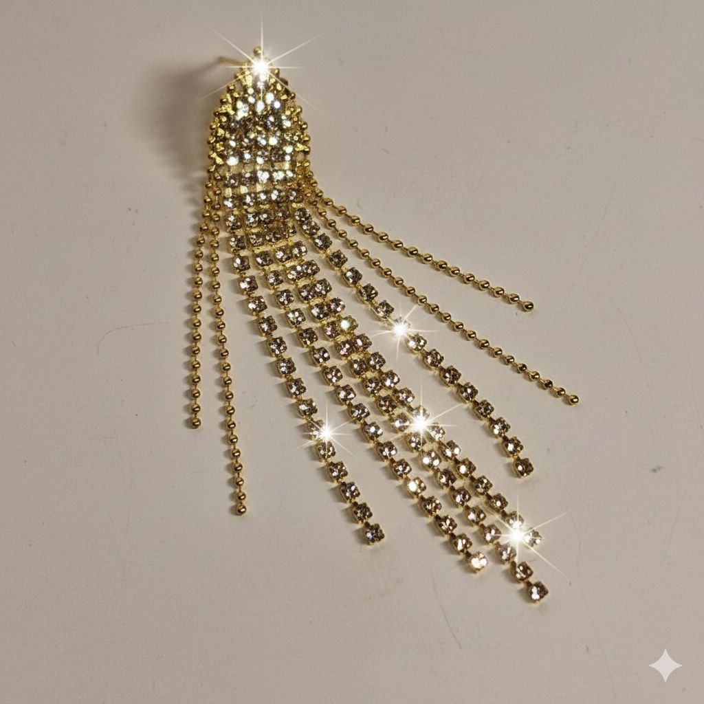Gold Crystal Fringe Statement Earrings – Long Rhinestone Tassel Luxury Earrings