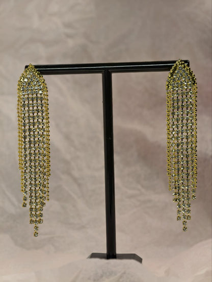 Gold Crystal Fringe Statement Earrings – Long Rhinestone Tassel Luxury Earrings