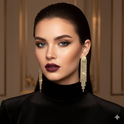 Gold Crystal Fringe Statement Earrings – Long Rhinestone Tassel Luxury Earrings