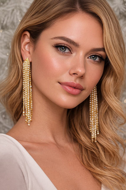 Gold Crystal Fringe Statement Earrings – Long Rhinestone Tassel Luxury Earrings