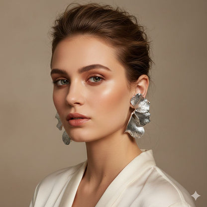 Oversized Silver Floral Statement Earrings – Sculptural Metal Flower Earrings, Bold Fashion Jewelry, Designer Style Earrings