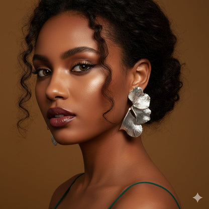 Oversized Silver Floral Statement Earrings – Sculptural Metal Flower Earrings, Bold Fashion Jewelry, Designer Style Earrings