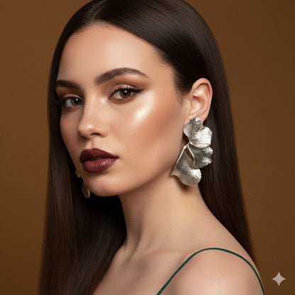 Oversized Silver Floral Statement Earrings – Sculptural Metal Flower Earrings, Bold Fashion Jewelry, Designer Style Earrings