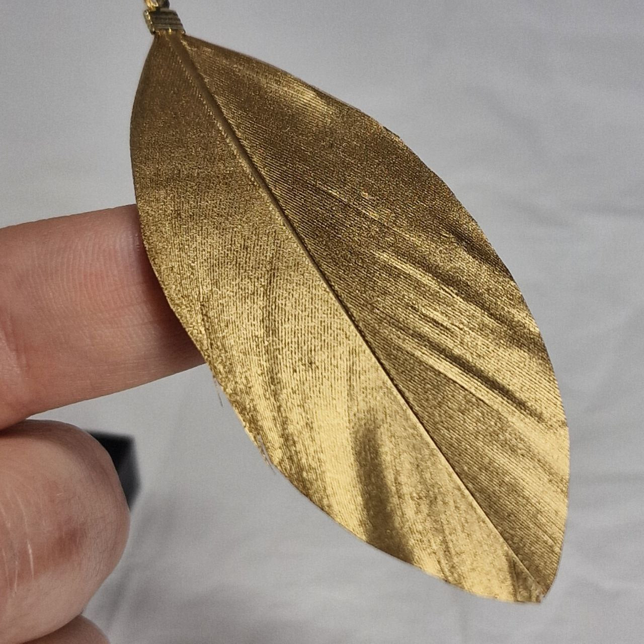 Natural Feather Gold Leaf Earrings – Boho Statement Drop Earrings