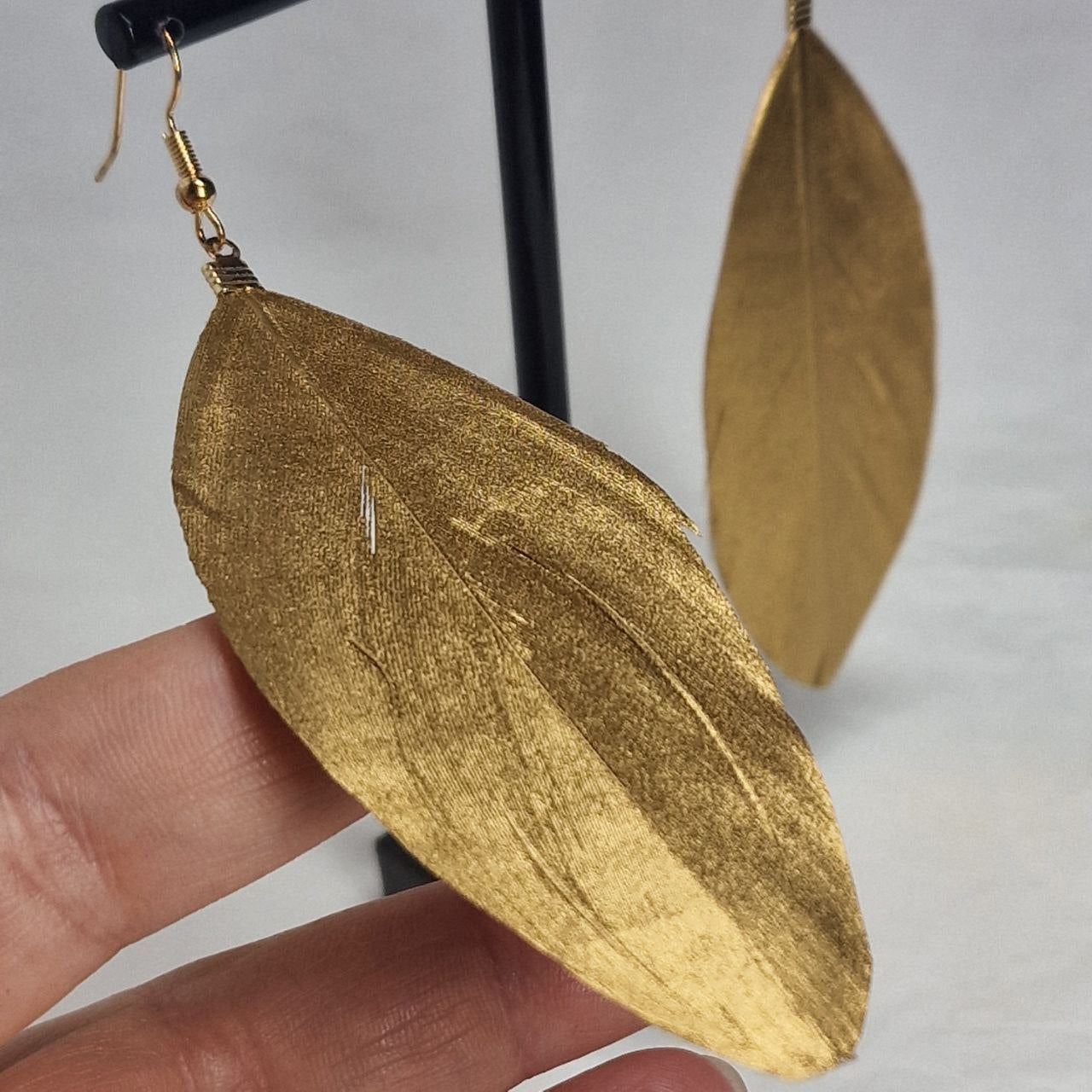 Natural Feather Gold Leaf Earrings – Boho Statement Drop Earrings