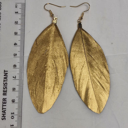 Natural Feather Gold Leaf Earrings – Boho Statement Drop Earrings