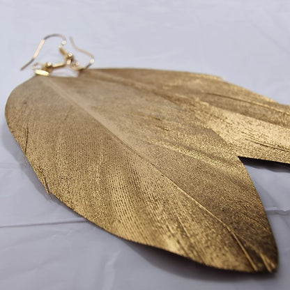 Natural Feather Gold Leaf Earrings – Boho Statement Drop Earrings