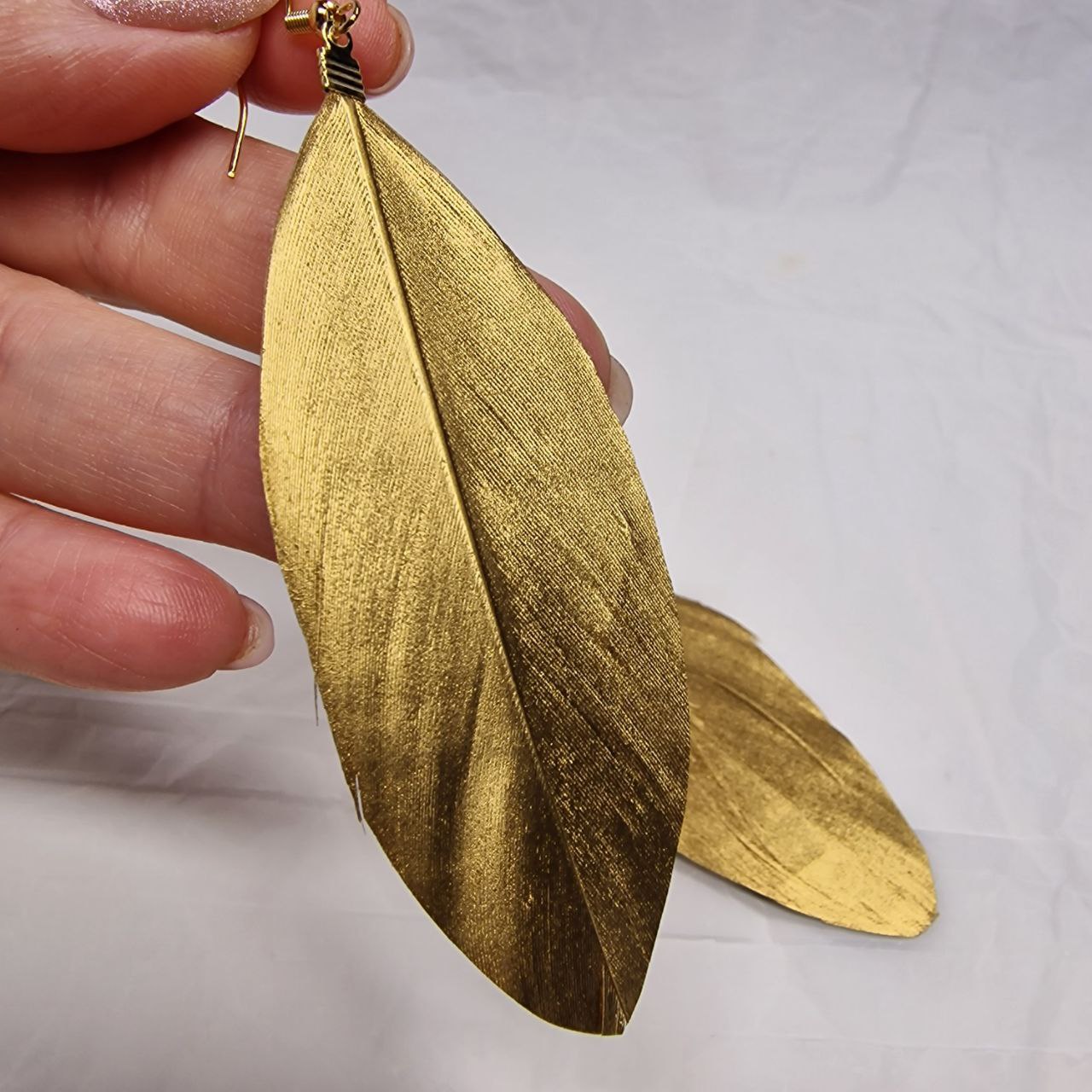 Natural Feather Gold Leaf Earrings – Boho Statement Drop Earrings