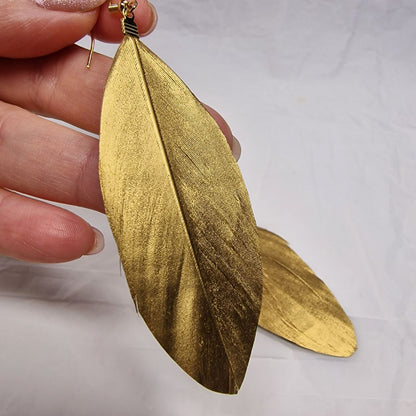 Natural Feather Gold Leaf Earrings – Boho Statement Drop Earrings