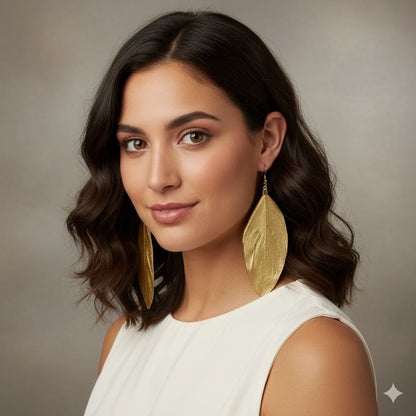 Natural Feather Gold Leaf Earrings – Boho Statement Drop Earrings