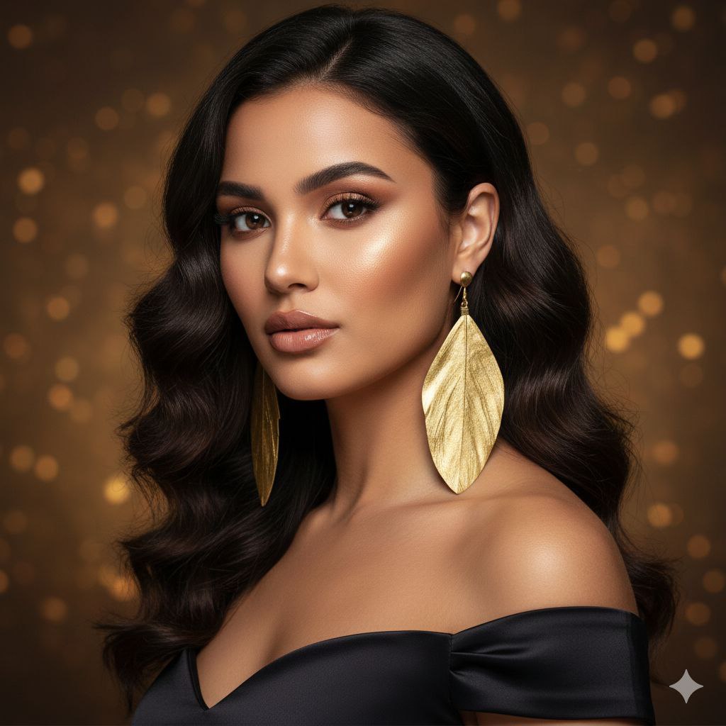 Natural Feather Gold Leaf Earrings – Boho Statement Drop Earrings