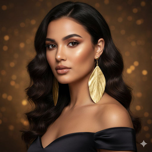 Natural Feather Gold Leaf Earrings – Boho Statement Drop Earrings