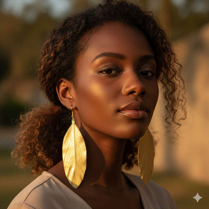 Natural Feather Gold Leaf Earrings – Boho Statement Drop Earrings