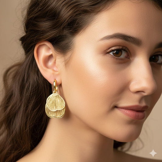 Gold Petal Drop Earrings – Lightweight Floral Statement Earrings, Layered Shell Design Jewelry, Gift for Her
