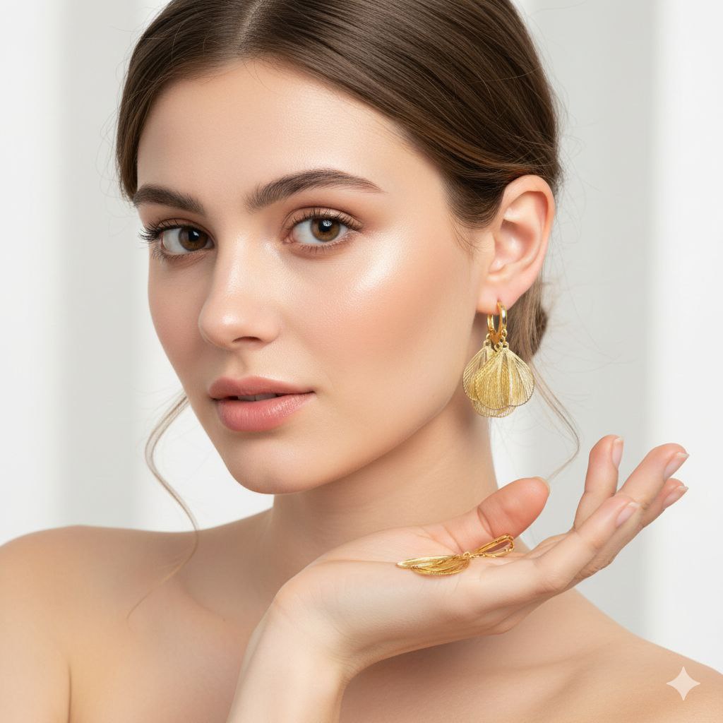 Gold Petal Drop Earrings – Lightweight Floral Statement Earrings, Layered Shell Design Jewelry, Gift for Her