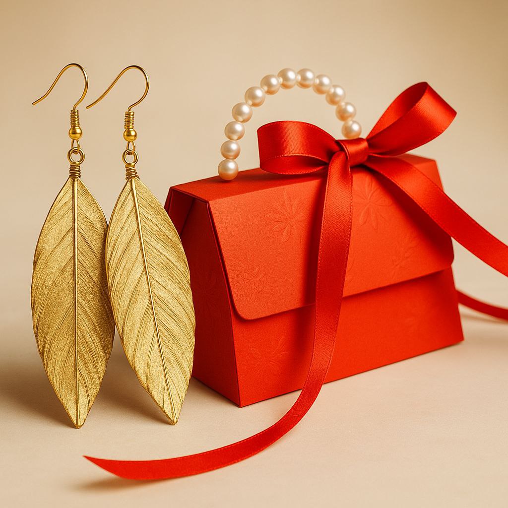 Natural Feather Gold Leaf Earrings – Boho Statement Drop Earrings