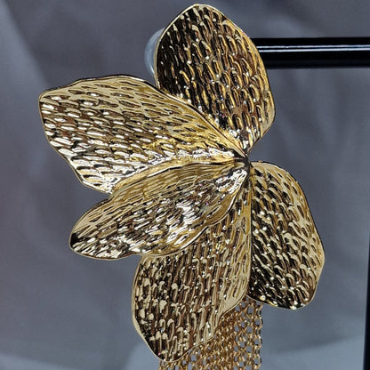 Gold Floral Tassel Statement Earrings Oversized Luxury Drop Earrings