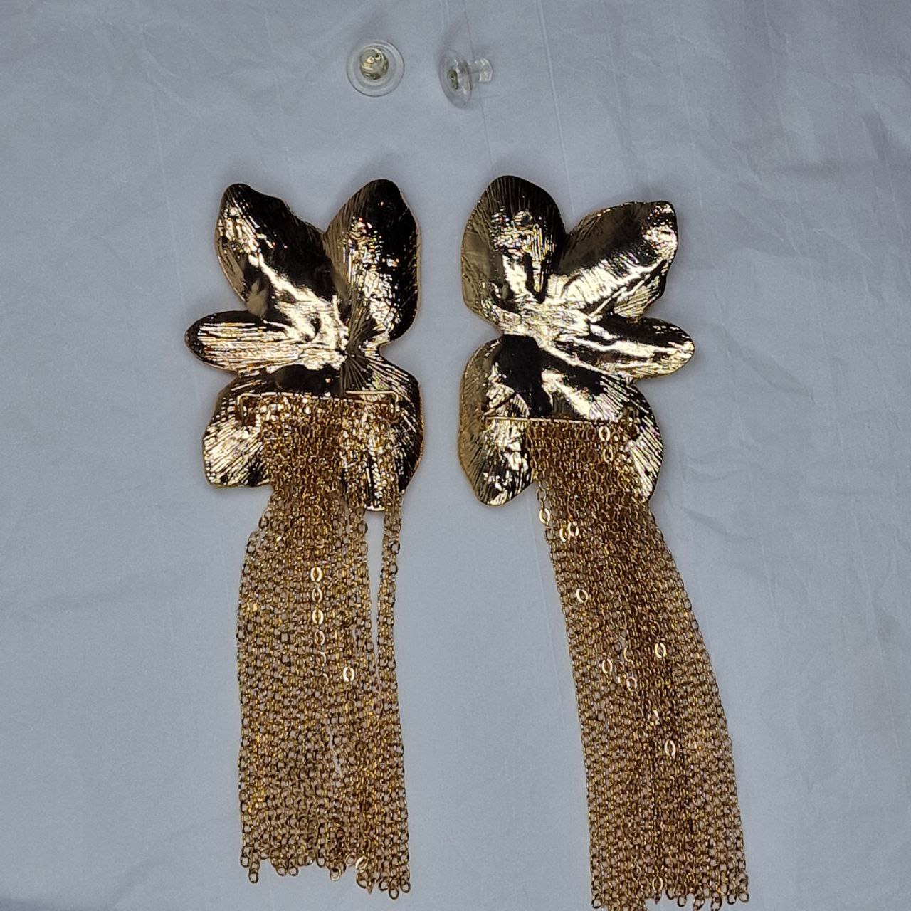 Gold Floral Tassel Statement Earrings Oversized Luxury Drop Earrings