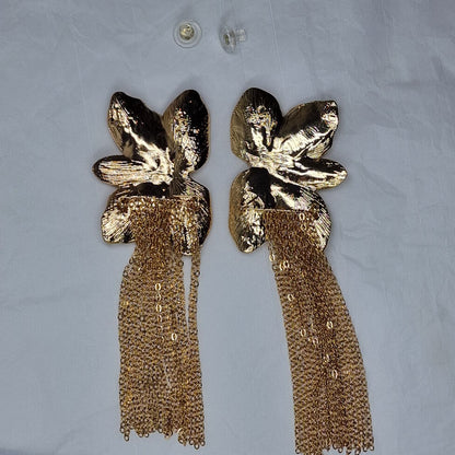 Gold Floral Tassel Statement Earrings Oversized Luxury Drop Earrings
