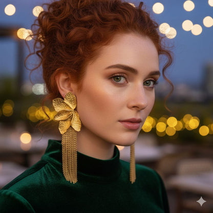 Gold Floral Tassel Statement Earrings Oversized Luxury Drop Earrings