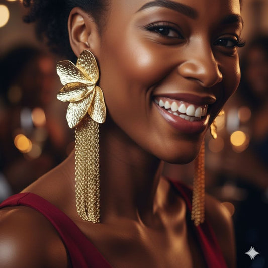 Gold Floral Tassel Statement Earrings Oversized Luxury Drop Earrings