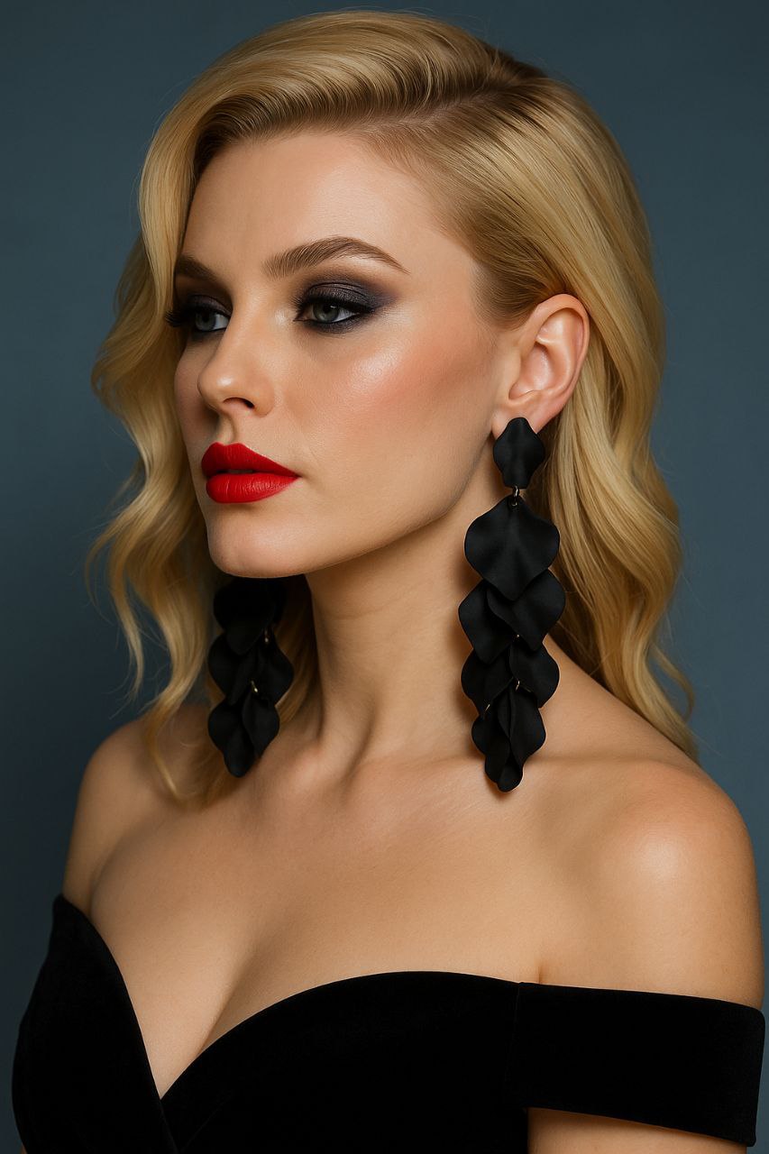 Black Statement Dangle Earrings – Long Acrylic Petal Earrings, Lightweight Bold Evening Jewelry, Gift for Her