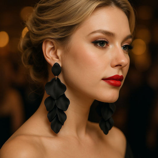 Black Statement Dangle Earrings – Long Acrylic Petal Earrings, Lightweight Bold Evening Jewelry, Gift for Her
