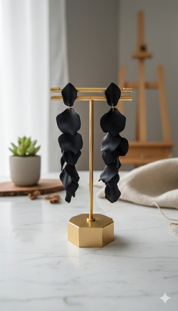 Black Statement Dangle Earrings – Long Acrylic Petal Earrings, Lightweight Bold Evening Jewelry, Gift for Her