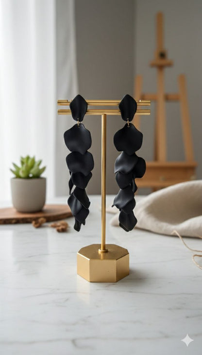 Black Statement Dangle Earrings – Long Acrylic Petal Earrings, Lightweight Bold Evening Jewelry, Gift for Her
