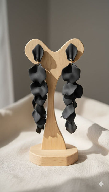 Black Statement Dangle Earrings – Long Acrylic Petal Earrings, Lightweight Bold Evening Jewelry, Gift for Her