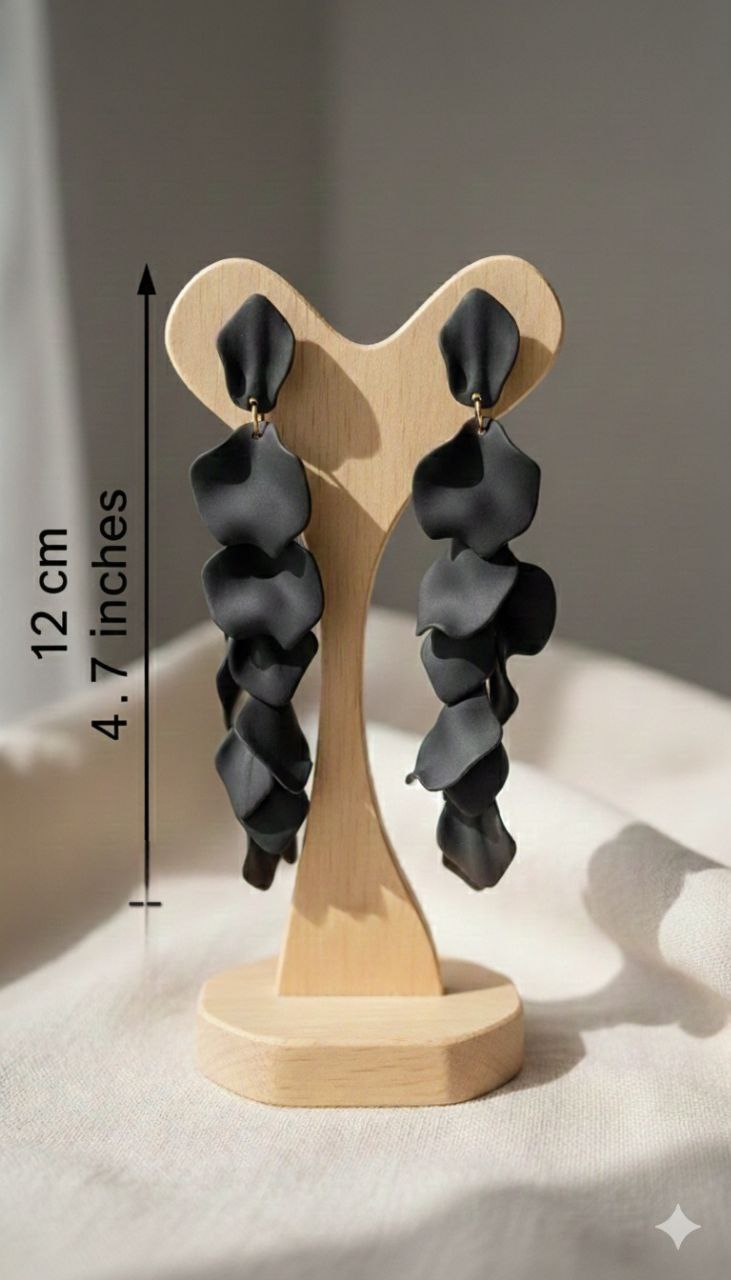 Black Statement Dangle Earrings – Long Acrylic Petal Earrings, Lightweight Bold Evening Jewelry, Gift for Her