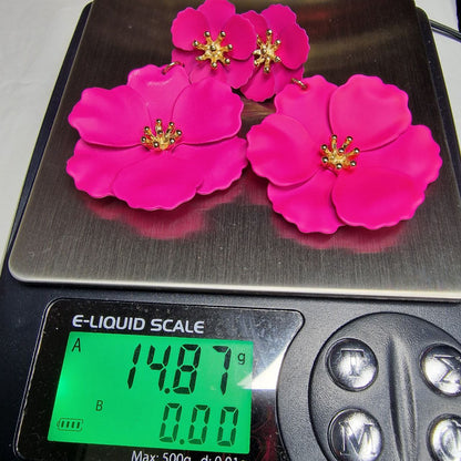 Hot Pink Flower Statement Earrings – Bold Floral Drop Earrings