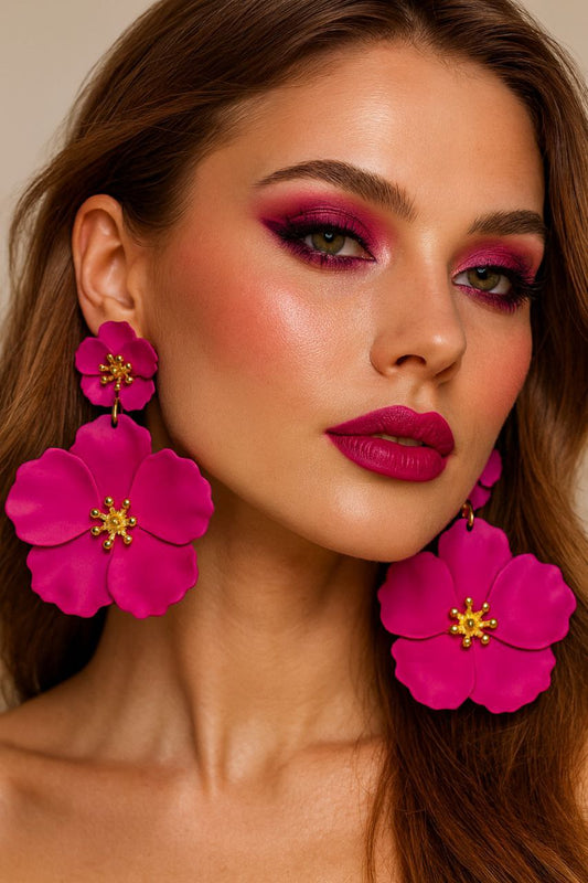 Hot Pink Flower Statement Earrings – Bold Floral Drop Earrings