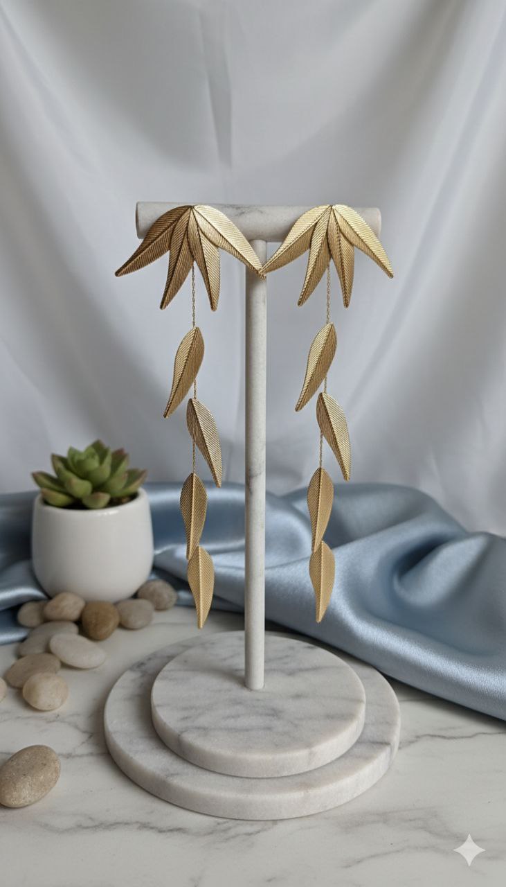 Dramatic Gold Leaf Drop Earrings – Long Statement Botanical Earrings