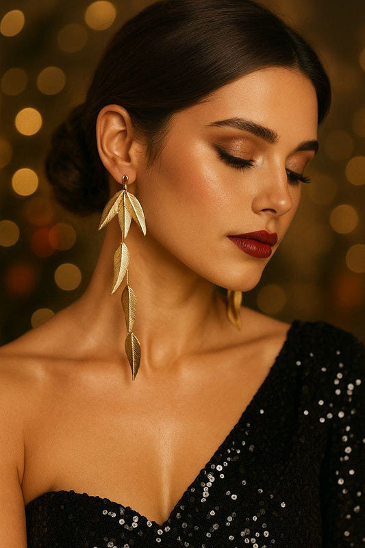 Dramatic Gold Leaf Drop Earrings – Long Statement Botanical Earrings