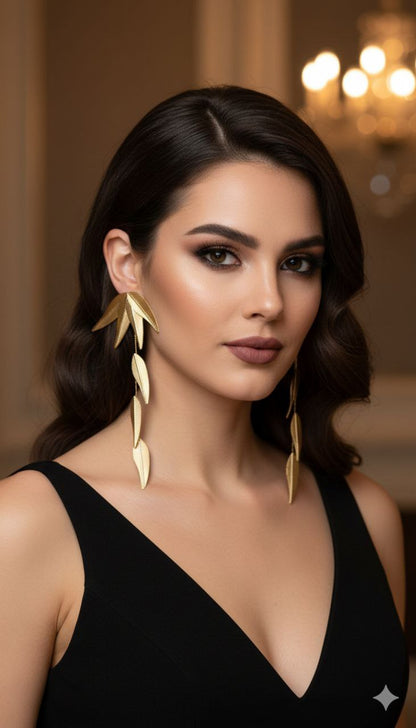 Dramatic Gold Leaf Drop Earrings – Long Statement Botanical Earrings