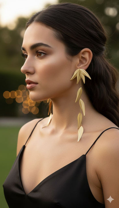 Dramatic Gold Leaf Drop Earrings – Long Statement Botanical Earrings