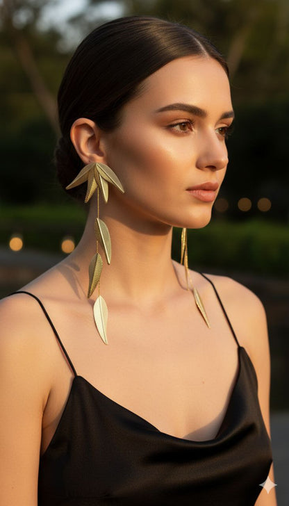 Dramatic Gold Leaf Drop Earrings – Long Statement Botanical Earrings