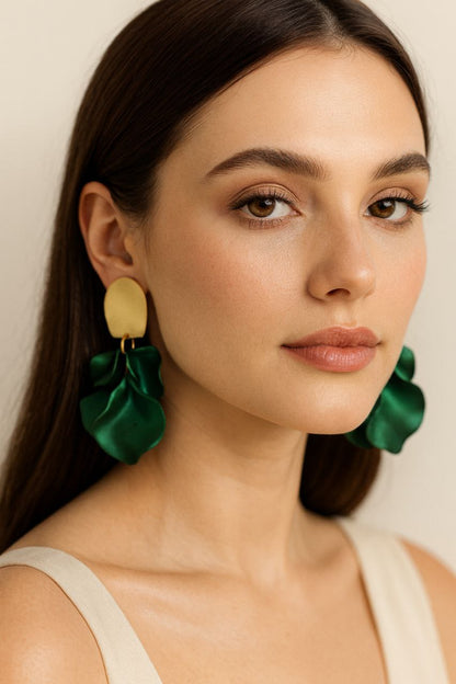 Emerald Green Statement Earrings – Gold & Acrylic Petal Earrings, Lightweight Elegant Drop Earrings, Gift for Her