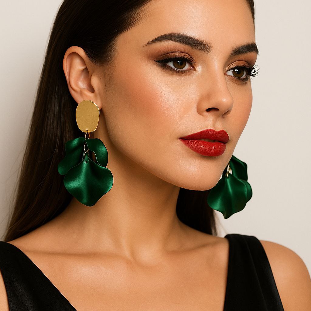 Emerald Green Statement Earrings – Gold & Acrylic Petal Earrings, Lightweight Elegant Drop Earrings, Gift for Her
