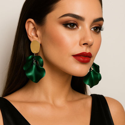 Emerald Green Statement Earrings – Gold & Acrylic Petal Earrings, Lightweight Elegant Drop Earrings, Gift for Her