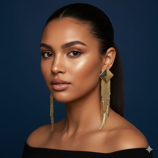 Gold Tassel Statement Earrings – Long Chain Fringe Earrings, Elegant Drop Earrings, Evening Jewelry Gift for Her