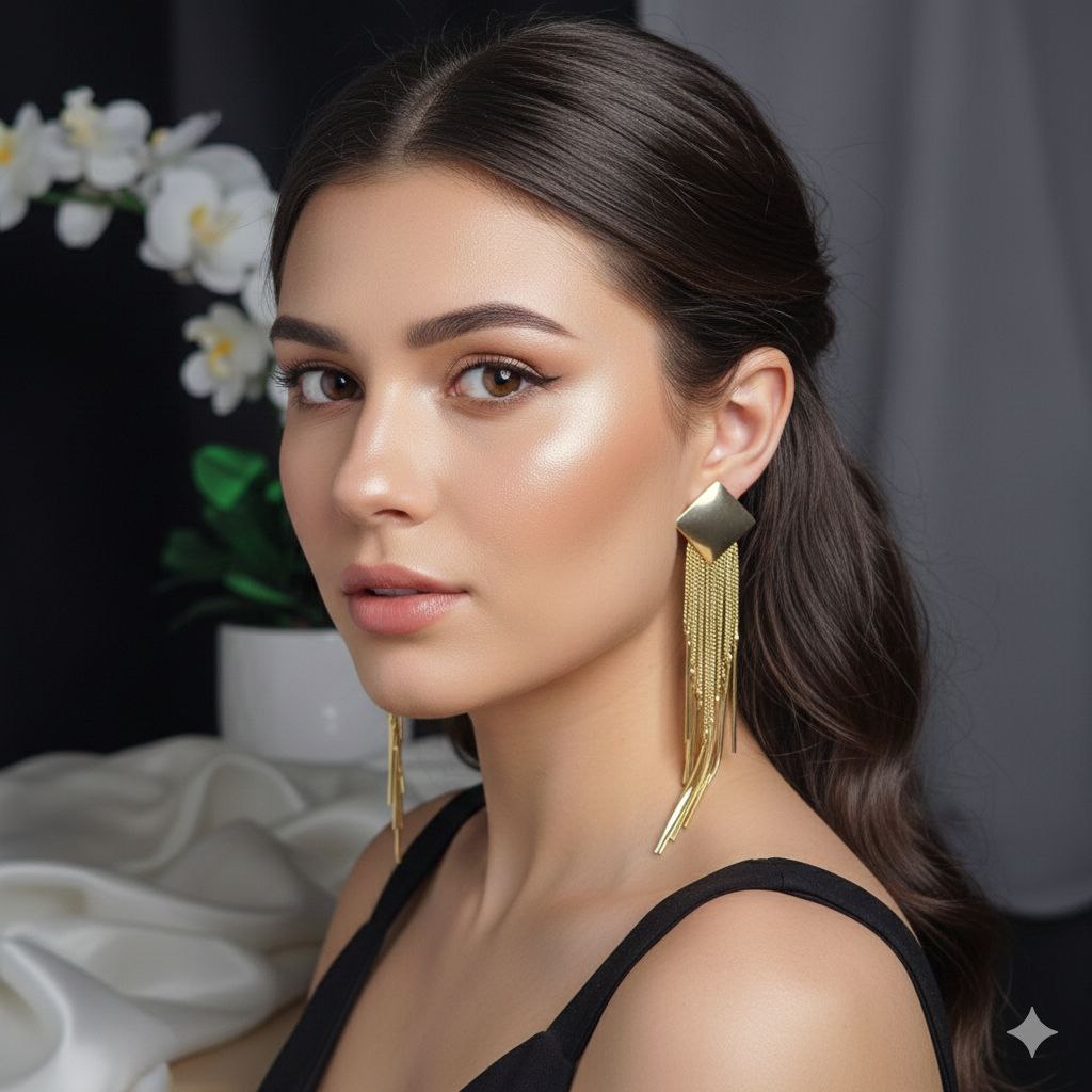 Gold Tassel Statement Earrings – Long Chain Fringe Earrings, Elegant Drop Earrings, Evening Jewelry Gift for Her