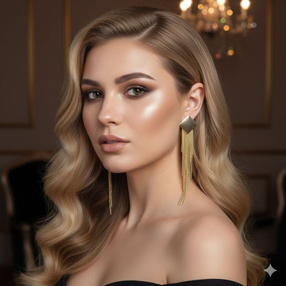 Gold Tassel Statement Earrings – Long Chain Fringe Earrings, Elegant Drop Earrings, Evening Jewelry Gift for Her