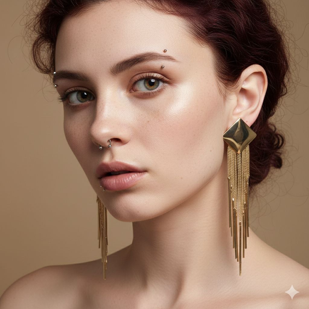 Gold Tassel Statement Earrings – Long Chain Fringe Earrings, Elegant Drop Earrings, Evening Jewelry Gift for Her