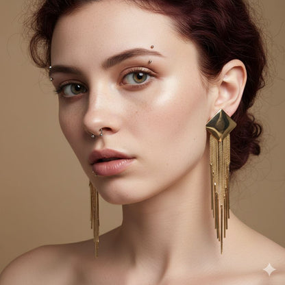 Gold Tassel Statement Earrings – Long Chain Fringe Earrings, Elegant Drop Earrings, Evening Jewelry Gift for Her