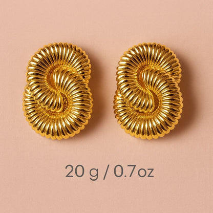Vintage Spiral Gold Statement Earrings – Retro Sculptural Bold Clip On Earrings, Luxury Chunky Party Jewelry